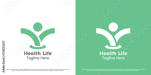 Healthy person logo design illustration. Silhouette shape of body fit people patient cure treatment care hospital clinic medicine business. Green simple flat minimal body hand modern icon symbol.