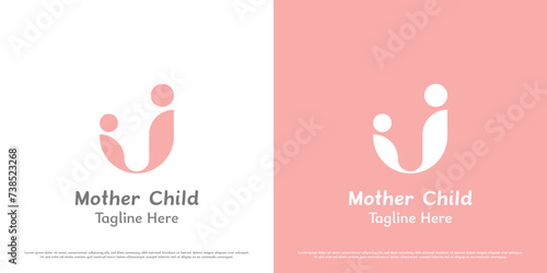 Mother baby logo design illustration. Silhouettes of people parent family girl motherhood child son infant embrace support care affection. Simple minimal geometric feminine happy abstract joy gentle.