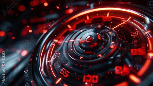 Macro shot of a speedometer dial in a car with numbers and red accents
