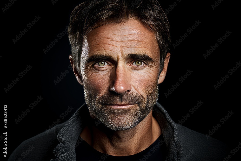 Portrait of a handsome mature man over black background. Men's beauty, fashion. - obrazy, fototapety, plakaty 