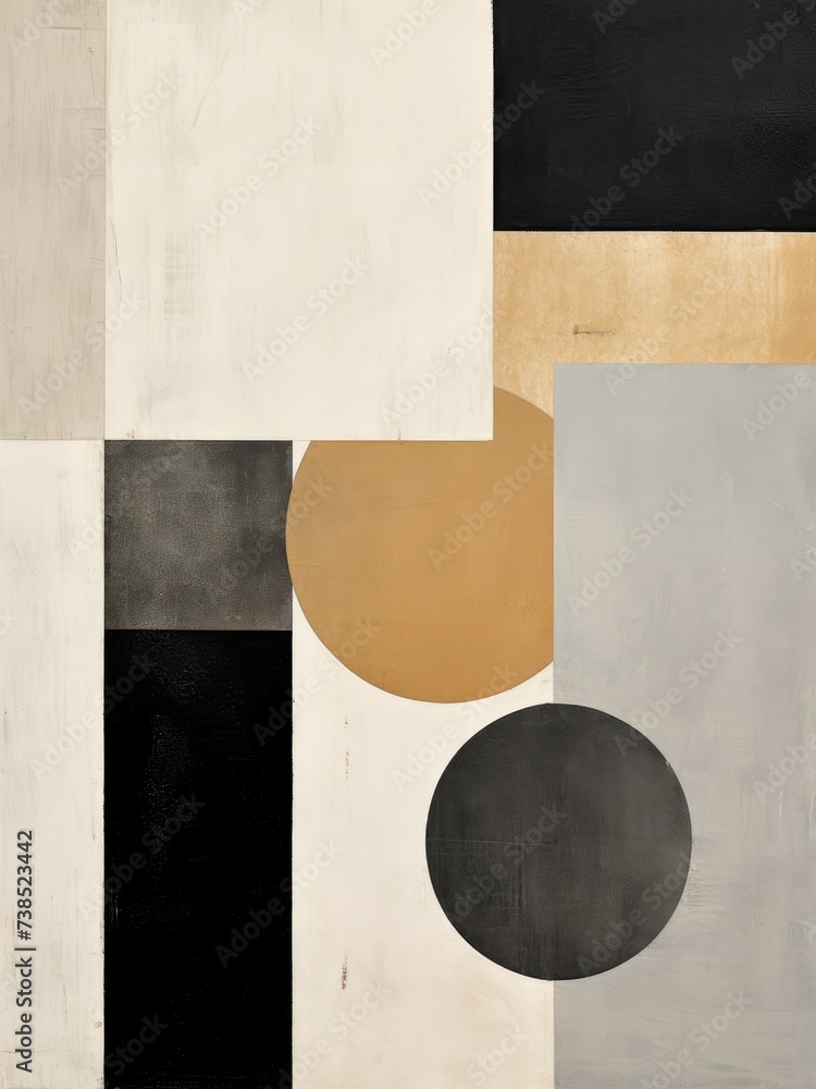This abstract painting features a dynamic interplay of black, beige, and white colors, creating a bold and modern aesthetic. The composition showcases a variety of shapes and textures
