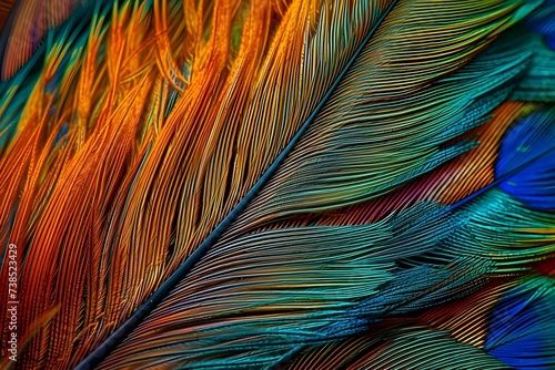 Microscopic view of a feather's barbs and barbules, intricate patterns, vibrant colors, stock photo style.