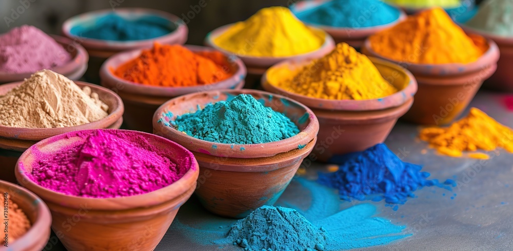 Colorful powders in clay pots. Holi festival concept.