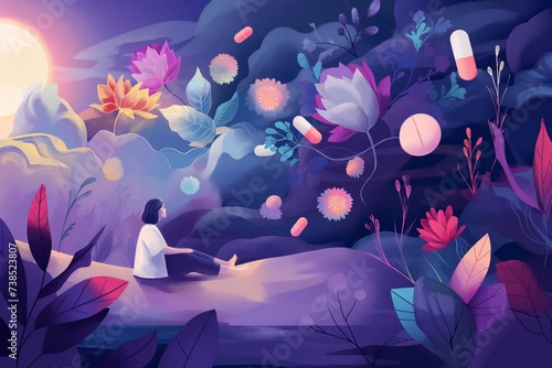 a girl with dark hair in a white T-shirt sits on the ground among flying tablets and flowers. Purple background. World mental health day design concept.