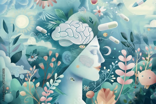 concept: role of therapy and medication in treating bipolar disorder. girl's head with her eyes closed, flowers and medicine around her. 
