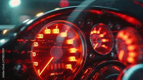 Intense focus on an automobile's speed gauge with a glowing red indicator