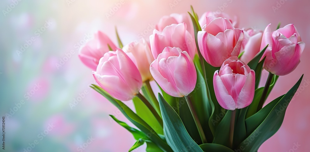 Pink tulips on a light blurred background. The concept of spring and blooming. Pink tulips on a light blurred background. The concept of spring and blooming.