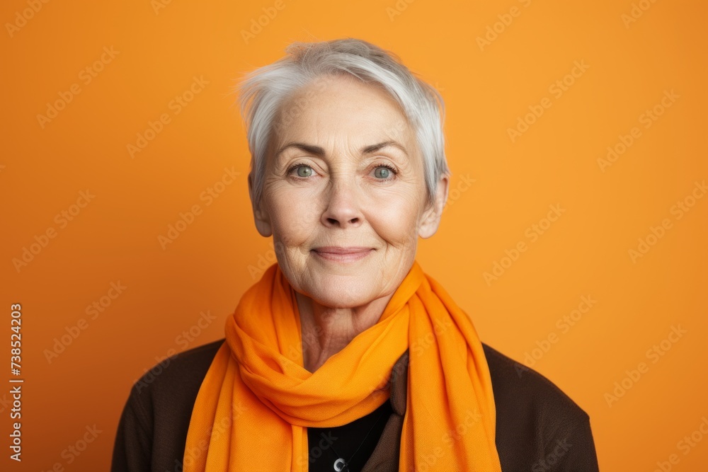 Portrait of happy senior woman in orange scarf on orange background. Portrait of happy senior woman in orange scarf on orange background.
