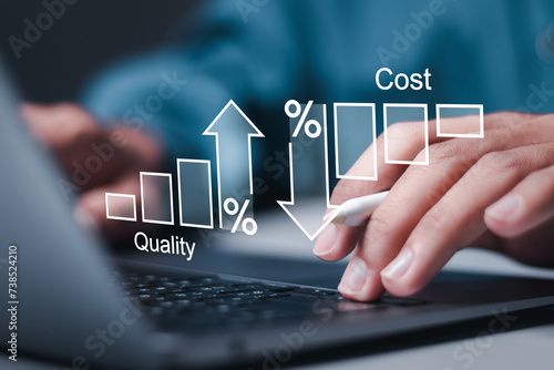 Cost and quality control concept. Quality control and company cost reduction. Successful organization strategy and management Person use laptop with cost and quality graph on virtual screen. photo