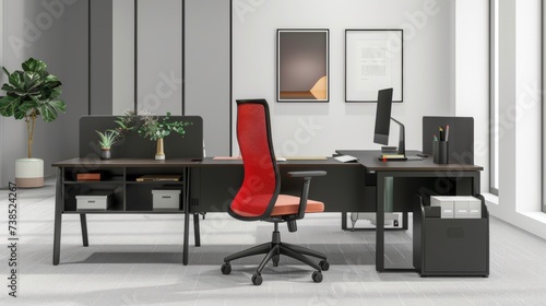 Streamlined Office Setup with Black Desk, Red Chair, and Desk Organizer with Compartments © ArquitecAi