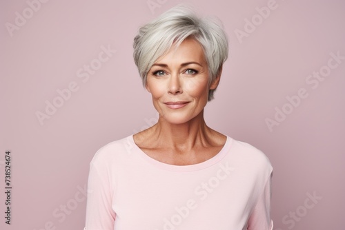 Portrait of a beautiful middle aged woman on a pink background.