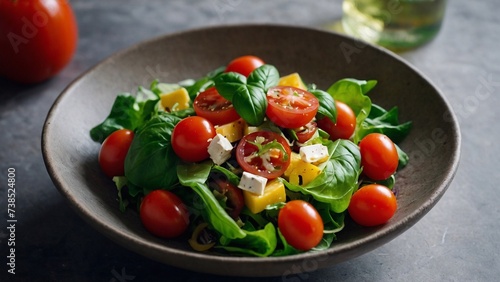 Greek salad. Cheese, tomatoes, arugula, greens. Healthy breakfast