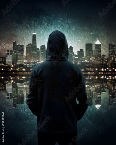 anonymous hacker in a hoodie navigating the digital realm through a double exposure image