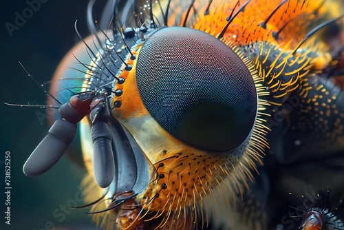 Magnified view of a fly's eye, intricate compound structure, vivid colors, stock photo style. © JewJew