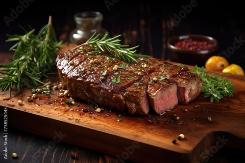A steak on a wooden board 
