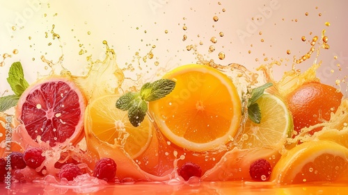 Watercolor imagery of vibrant fruits blending in motion with splashes of juice against a neutral backdrop