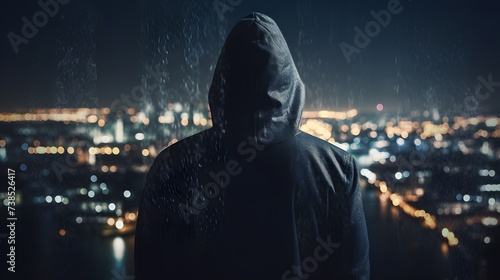 anonymous hacker, wearing a hoodie, set against the cityscape of data at night