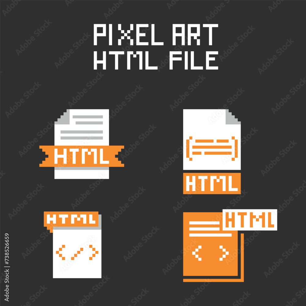 Fototapeta premium this is html file icon in pixel art with simple color and black background ,this item good for presentations,stickers, icons, t shirt design,game asset,logo and project.