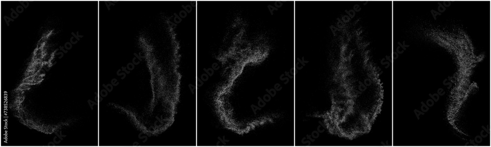 White grainy texture. Abstract dust overlay. Grain noise. White explosion on black background. Splash realistic effect. Set vector illustration.