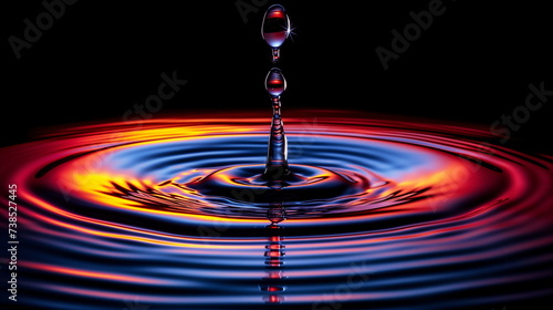 Water droplet creates vibrant ripples in water, with red and blue light reflections.