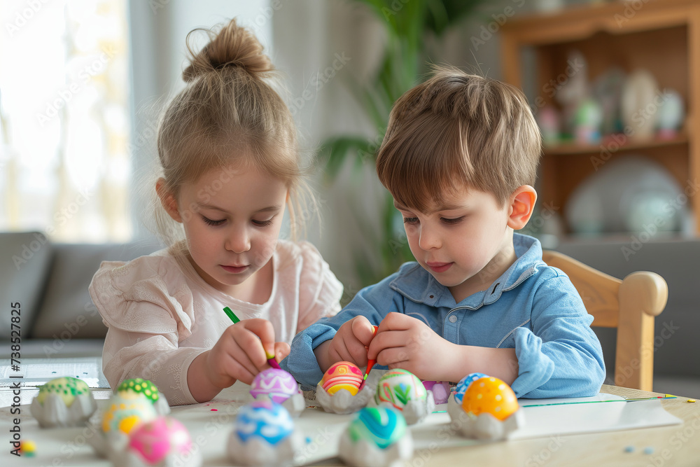 Boy and girl coloring easter eggs Boy and girl coloring easter eggs
