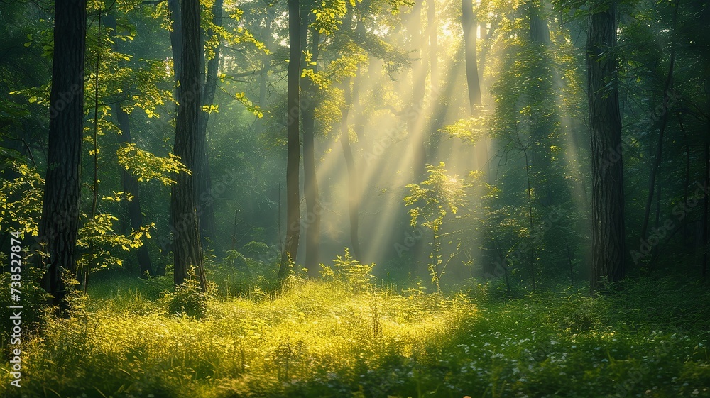 Obraz premium Serene woodland glade highlighted by beams of soft sunlight