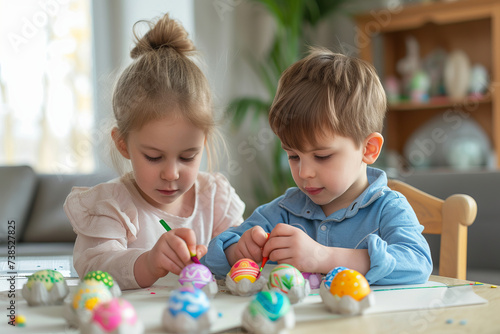Boy and girl coloring easter eggs