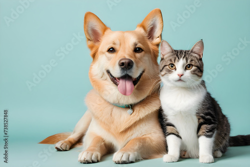 A dog and a cat smiling affectionately. Generative AI