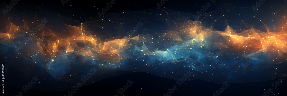 Abstract futuristic technology background banner with waves, straight connected lines and glowing dots as pieces and bits of information. Contrast between blurred and focused elements