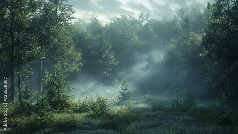 Early morning mist in a forest clearing, with ghostly arrows pointing skyward among the trees Early morning mist in a forest clearing, with ghostly arrows pointing skyward among the trees