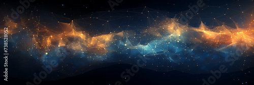 Abstract futuristic technology background banner with waves, straight connected lines and glowing dots as pieces and bits of information. Contrast between blurred and focused elements