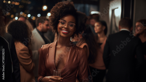 Young stylish African American woman at a social event, evening party, holding a glass of champagne. She is smiling, being happy. 
