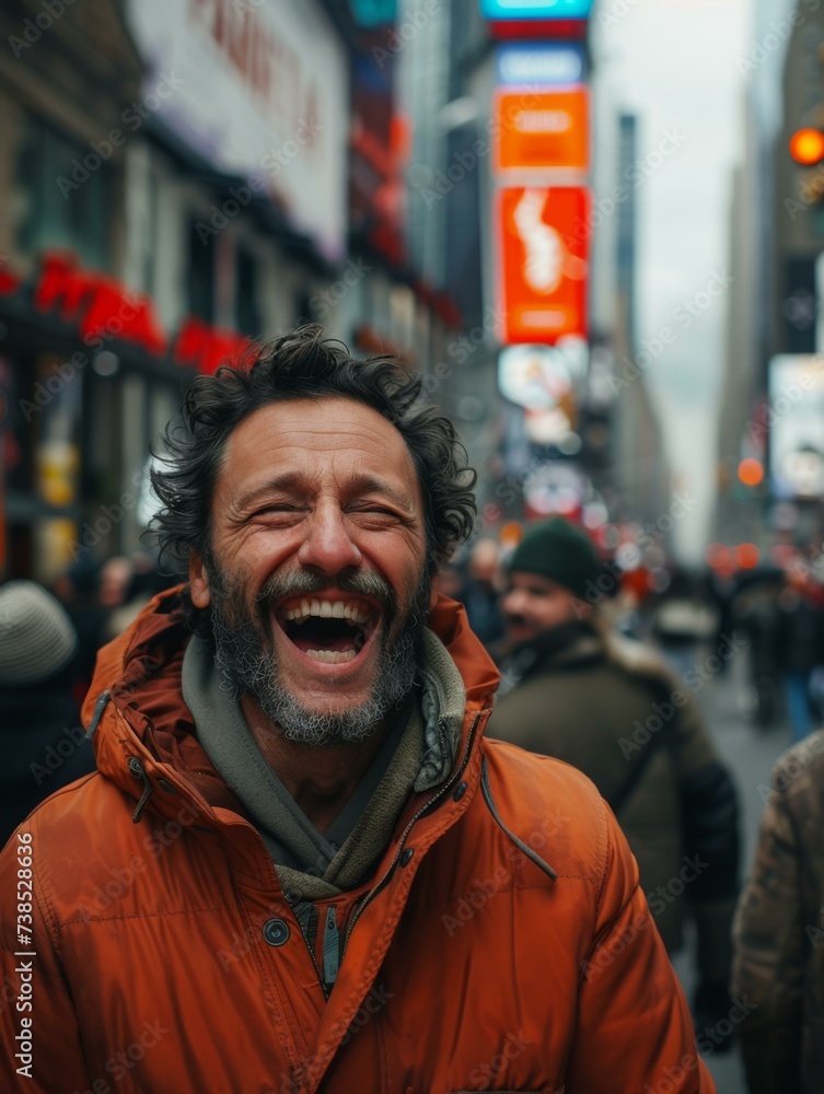 Man laughing in the city. Generative AI.