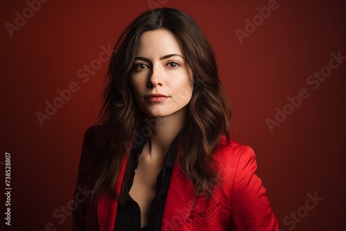 Portrait of a beautiful brunette woman in a red jacket.