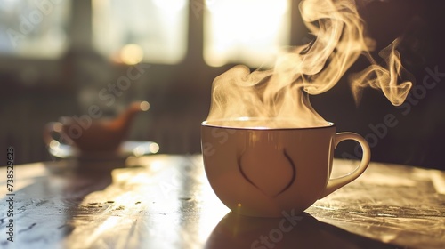 a cup of hot coffee on the table with steam above the morning cup photo