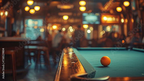 Side angle view of a pool table corner pocket, with a defocused crowd in a bustling pub photo