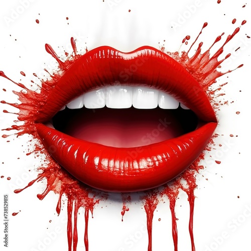 Red Lips background with red paint splash. Woman open mouth with red lipstick on red and white background