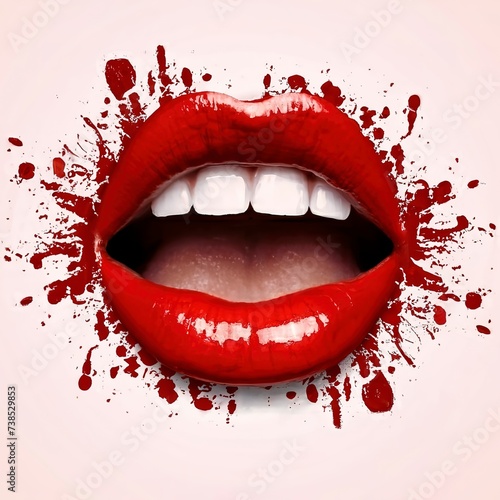 Red Lips background with red paint splash. Woman open mouth with red lipstick on red and white background