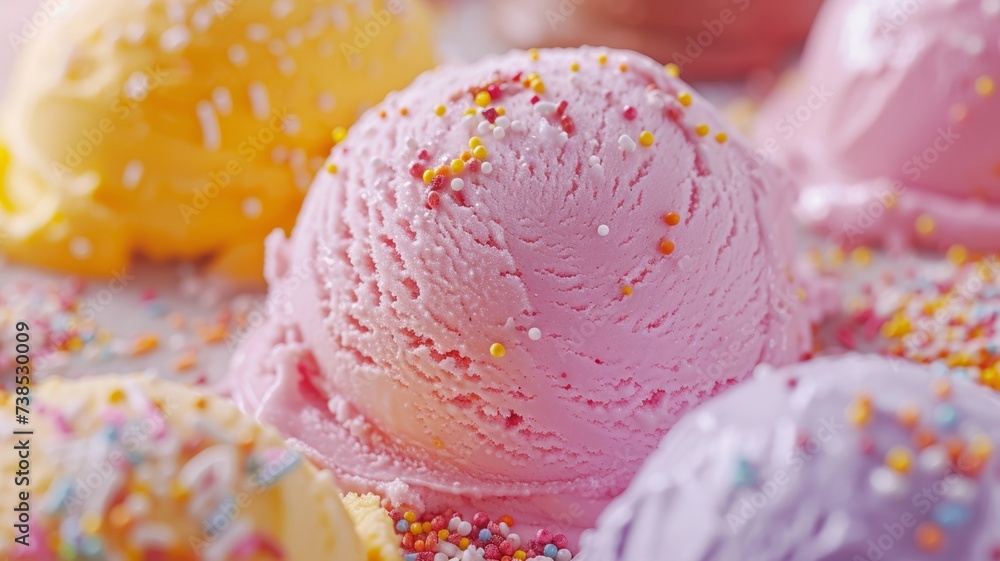 Colorful scoops of gelato with sprinkles, high texture detail Colorful scoops of gelato with sprinkles, high texture detail