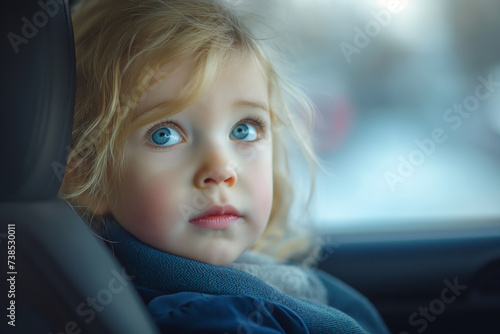 Little child in happy car seat with food, toys