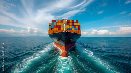 A large cargo ship sails across the ocean, carrying colorful shipping containers on its deck.
