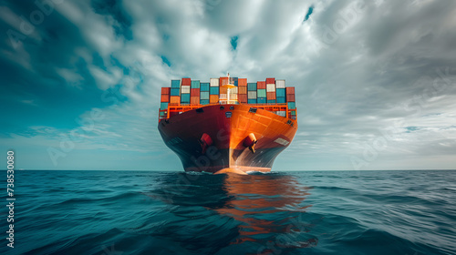 A large cargo ship sails across the ocean, carrying colorful shipping containers on its deck.