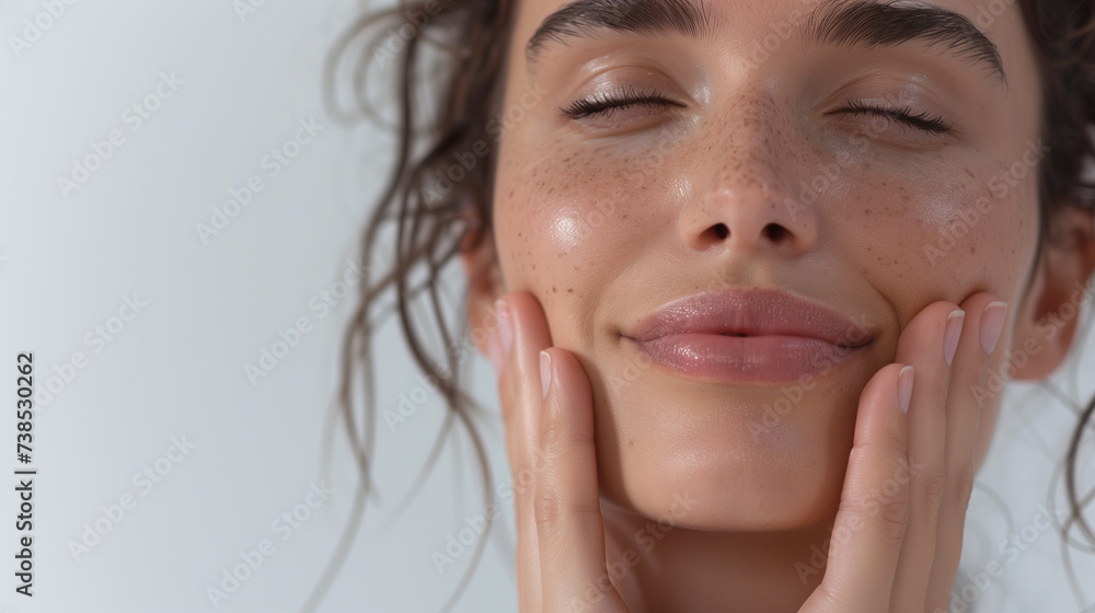 Close-up of a smiling woman with freckles touching her face Close-up of a smiling woman with freckles touching her face