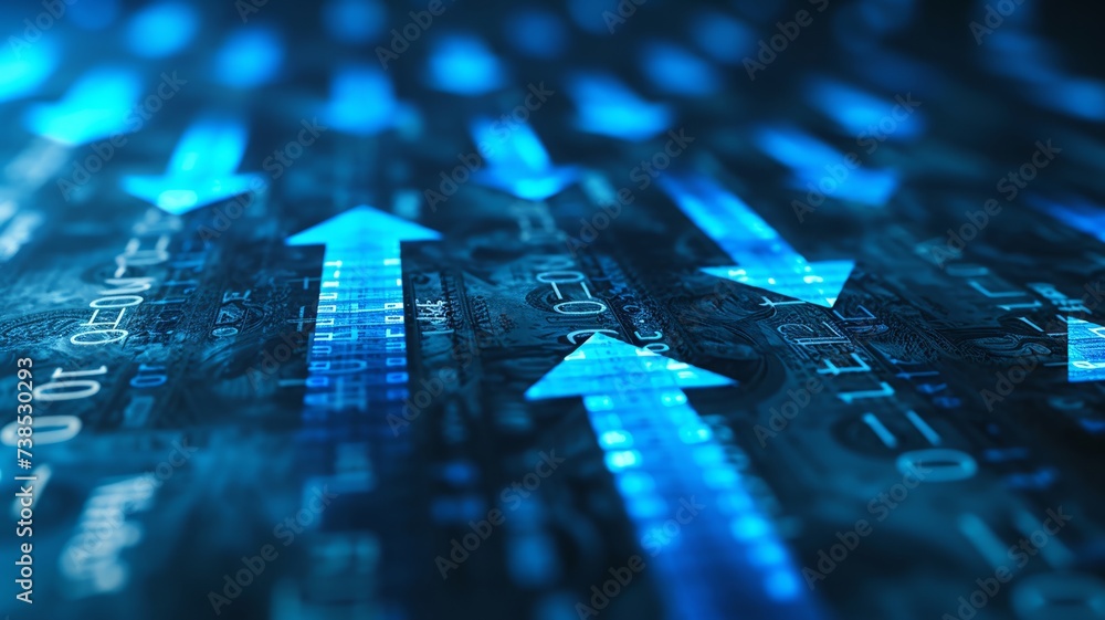 Economic success represented by ascending blue arrows and currency Economic success represented by ascending blue arrows and currency