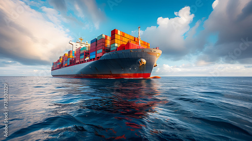 A large cargo ship sails across the ocean, carrying colorful shipping containers on its deck. photo