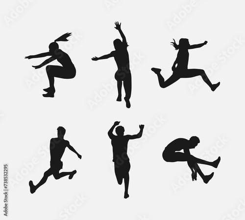 triple jump silhouette collection set. different actions, poses. vector illustration.