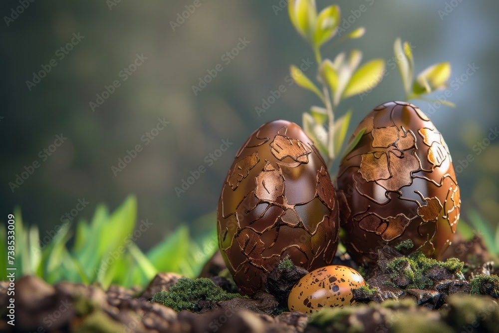 Fototapeta premium Chocolate Easter eggs with a unique world map design nestled among fresh spring greenery.