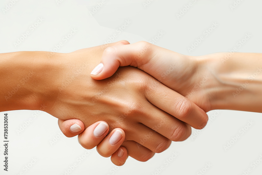 Fototapeta premium Two people engaging in a firm handshake, symbolizing trust, agreement, and a professional bond.