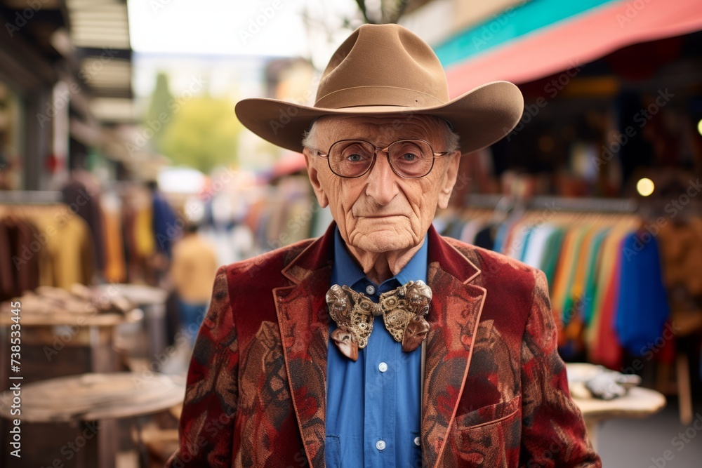Portrait of a senior man wearing a cowboy hat on a street market Portrait of a senior man wearing a cowboy hat on a street market