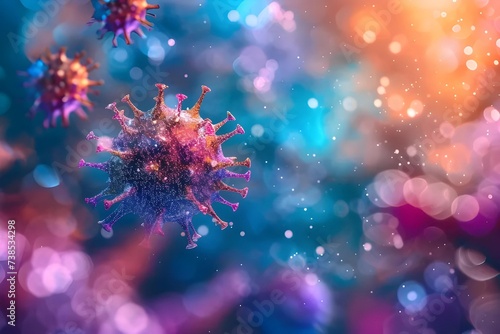 Artistic stock photo of vibrant virus particles under a microscope, blending scientific accuracy with abstract art.